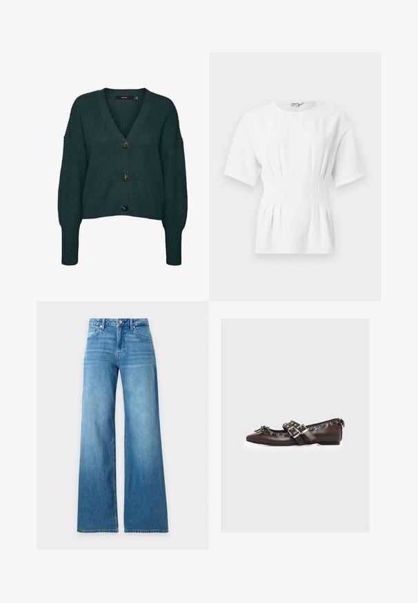 Mørkegrøn chunky strikket cardigan med tre store knapper, V-hals, lange ærmer samt ribkant ved ærmer og skørt.; Hvid kortærmet tætsiddende top med rynkede sidesømkiler og rund halsudskæring.; Blå jeans med høj talje og vidde ben, med knapper og lynlås foran samt lommer foran og bagpå.; Mørkebrune læder flade sko med spids snude, dekorativ sløjfe, sølvspænder og metal øjer omkring kanterne.
