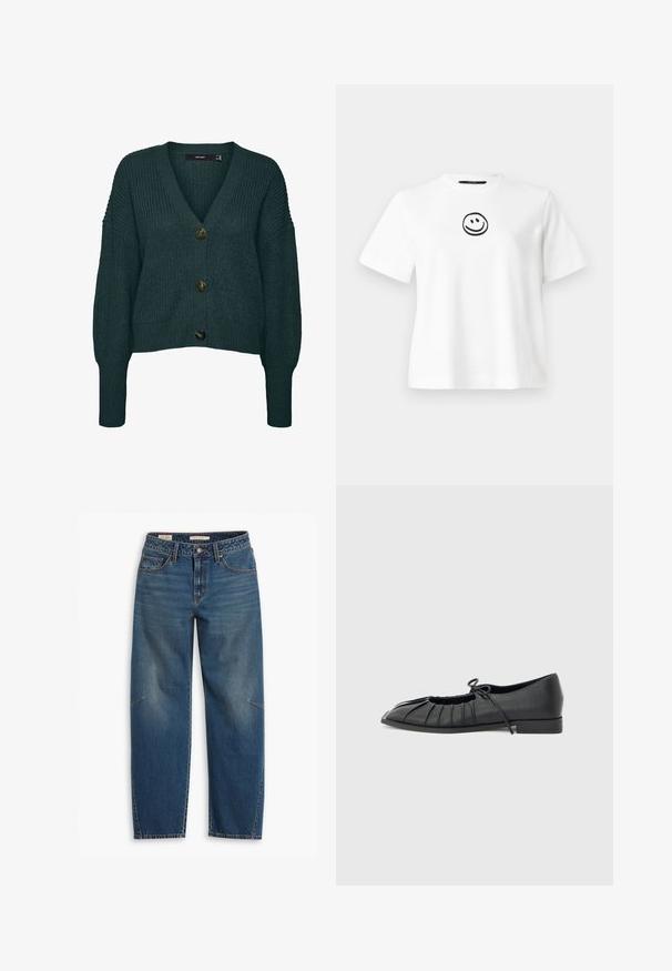 Mørkegrøn chunky strikket cardigan med tre store knapper, V-hals, lange ærmer samt ribkant ved ærmer og skørt.; Hvid bomulds t-shirt med korte ærmer, rund halsudskæring og et sort broderet smiley-face i midten. Glat tekstur.; Blå denim jeans med en afslappet pasform, der har høj talje, lige ben, synligt syning og en lille detalje på venstre knæ.; Sort flad sko med plisseret forstykke og bundet sløjfe på toppen, lav hæl og glat tekstur på en lysegrå baggrund.