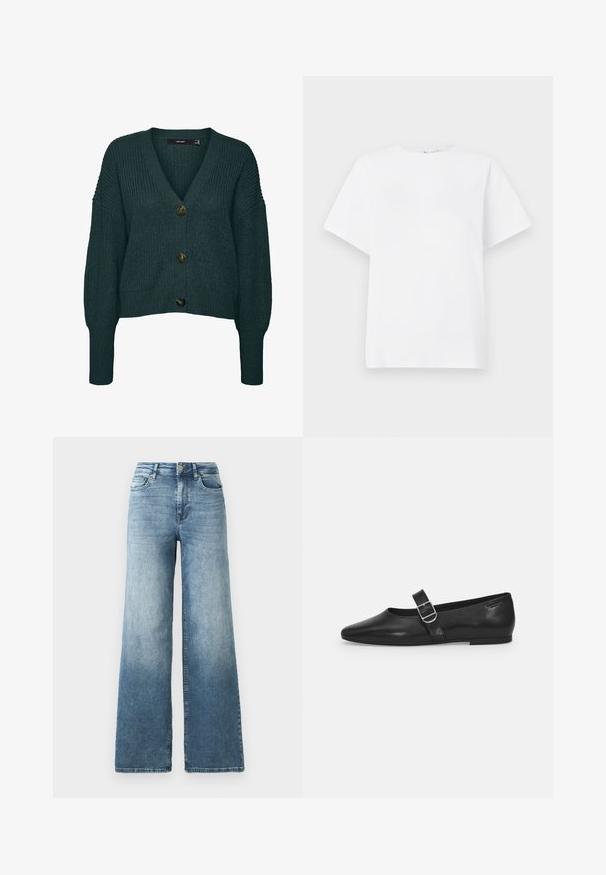 Cardigan vert foncé en maille épaisse avec trois gros boutons, col en V, manches longues et poignets et ourlet côtelés.; T-shirt blanc à manches courtes en coton. Doté d'un col rond, d'une coupe décontractée et d'une texture lisse sans motifs ni accents.; Jean en denim à jambes larges dans un délavage bleu clair, avec une taille haute, un design à cinq poches et un léger dégradé sur le tissu. Fermeture classique à bouton en métal.; Chaussure plate en cuir noir avec un bout arrondi, une seule sangle réglable à boucle et une texture lisse et brillante. Design minimaliste avec un petit talon.