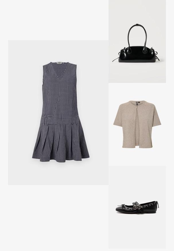 Cárdigan beige de punto con cuello redondo, mangas cortas y cierre delantero de botones, diseñado con un ajuste relajado y una textura suave.; Vestido de cuadros en navy con escote en V, diseño sin mangas, falda con plisados y cintura estructurada. Hecho de una tela ligera.; Zapato de ballet plano negro con correas de doble hebilla, ojales plateados y un pequeño lazo cerca de la puntera redondeada sobre un fondo blanco.; Pequeño bolso negro brillante con dos asas largas y detalles de cordón lateral sobre un fondo claro liso.