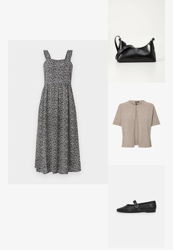 Cárdigan beige de punto con cuello redondo, mangas cortas y cierre delantero de botones, diseñado con un ajuste relajado y una textura suave.; Vestido maxi negro con escote cuadrado, tirantes anchos y falda fluida. Confeccionado con una tela suave que presenta pequeños patrones florales en blanco.; Zapato plano de cuero negro con punta redondeada, una sola correa ajustable con hebilla y una textura suave y brillante. Diseño minimalista con un tacón bajo.; Bolso de mano de cuero negro con una textura suave. Cuenta con una correa ajustable y un diseño elegante y minimalista con cierre de cremallera.
