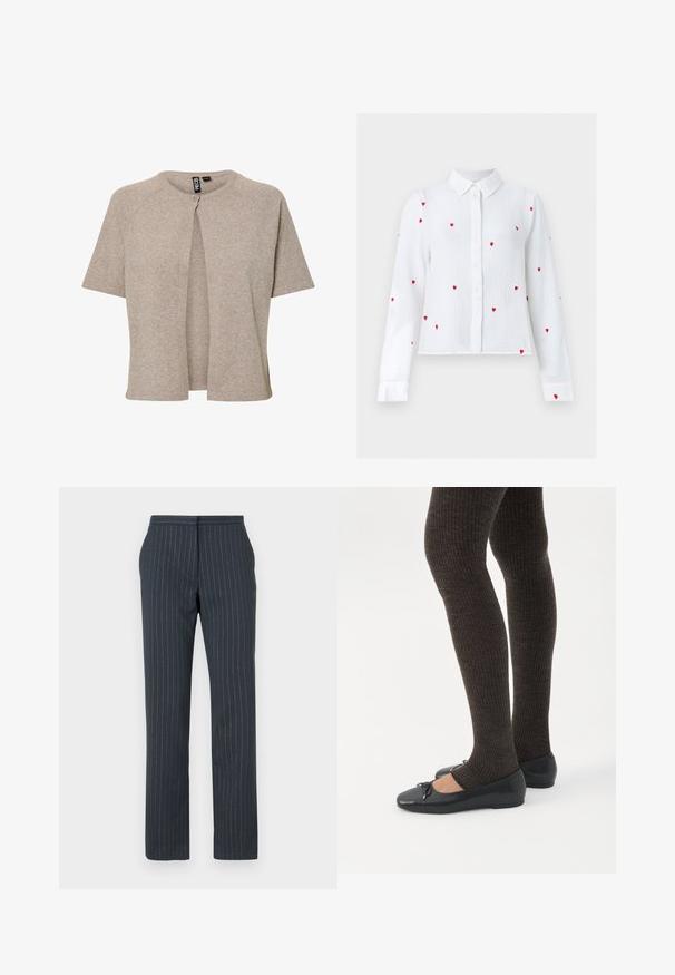 Beige strikket cardigan med rund hals, korte ærmer og knaplukning fortil, designet med en afslappet pasform og blød tekstur.; Hvid langærmet bluse med knapper, dekoreret med røde broderede hjerte-mønstre og en spids krave, vist på en neutral baggrund.; Mørkeblå bukser med lodrette striber, skræddersyet design, glat tekstur, lige ben og standard talje.; Ben iført mørke ribbede leggings kombineret med sorte balletsko med små sløjfedetaljer på hvid baggrund.