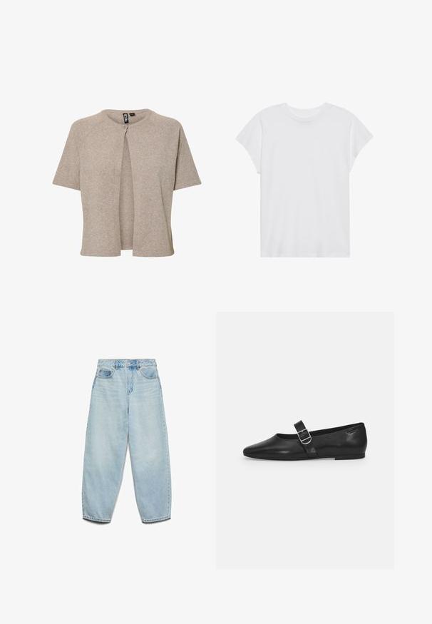 Beige strikket cardigan med rund hals, korte ærmer og knaplukning fortil, designet med en afslappet pasform og blød tekstur.; Hvid kortærmet t-shirt med rund hals, afslappet pasform, lavet af blødt bomuldsstof. Glat tekstur, ingen mønstre eller logoer.; Lyseblå denimjeans med en afslappet pasform, høj talje og vide ben, der har en let falmet overflade og klassisk fem-lomme design.; Sorte læder flade sko med rund tå, et enkelt justerbart spænde og en glat, blank overflade. Minimalistisk design med en lav hæl.
