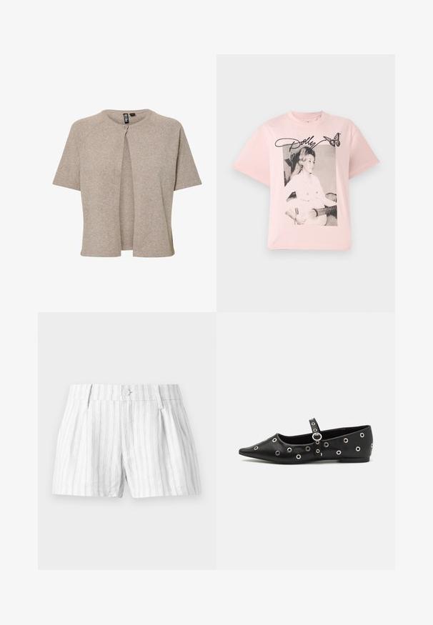 Beige strikket cardigan med rund hals, korte ærmer og knaplukning fortil, designet med en afslappet pasform og blød tekstur.; Lyserød bomulds T-shirt med et sort-hvidt grafik af en kvinde med en guitar, accentueret med navnet "Dolly" i skråskrift og en sommerfugl.; Hvide bomulds shorts med lysegrå lodrette striber, med knaplukning, plisseringer og sidelommer. Simpelt og afslappet design.; Sort læder fladsko med spids tå, prydet med dekorative sølv øjer og et justerbart bånd over anklen.