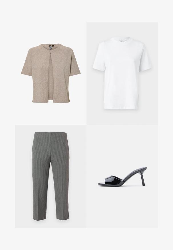 Beige strikket cardigan med rund hals, korte ærmer og knaplukning fortil, designet med en afslappet pasform og blød tekstur.; Hvid bomulds T-shirt med rund hals, kortærmet og en glat tekstur. Designet med en afslappet pasform for komfort og alsidighed.; Grå stribede bukser med en tapered design, der har en glat overflade og en cropped længde. Ingen synlige lukninger eller lommer.; Sorte laklæder sandaletter med åben tå, der har et buet overdesign og en spids stilethæl. Glat, blank finish.