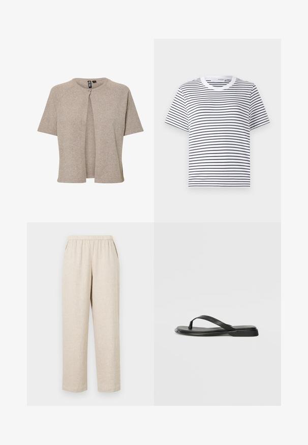 Beige strikket cardigan med rund hals, korte ærmer og knaplukning fortil, designet med en afslappet pasform og blød tekstur.; Hvid t-shirt med sorte vandrette striber, rund halsudskæring, korte ærmer og en afslappet pasform. Bomuldsstof, enkelt design.; Beige linnedragter med elastisk talje, der har sidelommer, lige ben og en tekstureret overflade.; Sorte flip-flops lavet af glat læder, med et tyndt remdesign og en flad sål med et minimalt profil. Ingen bemærkelsesværdige mønstre eller accenter.