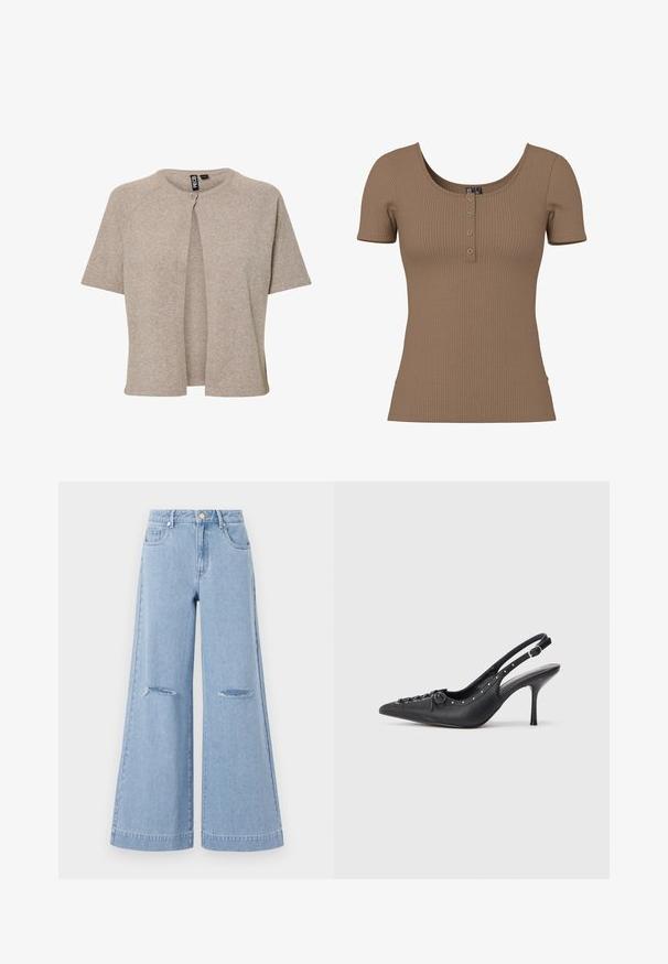 Beige strikket cardigan med rund hals, korte ærmer og knaplukning fortil, designet med en afslappet pasform og blød tekstur.; Brun kortærmet top med ribbet tekstur, rund halsudskæring og fire små, runde sølvknapper på frontstykke.; Lyseblå bredbenede jeans med høj talje, der har to forlommer og to slidte knædetaljer, fremstillet af denimmateriale.; Sorte læder slingback stiletto med spids tå, side spændebånd, nitter langs kanten og dekorativ snøring foran.