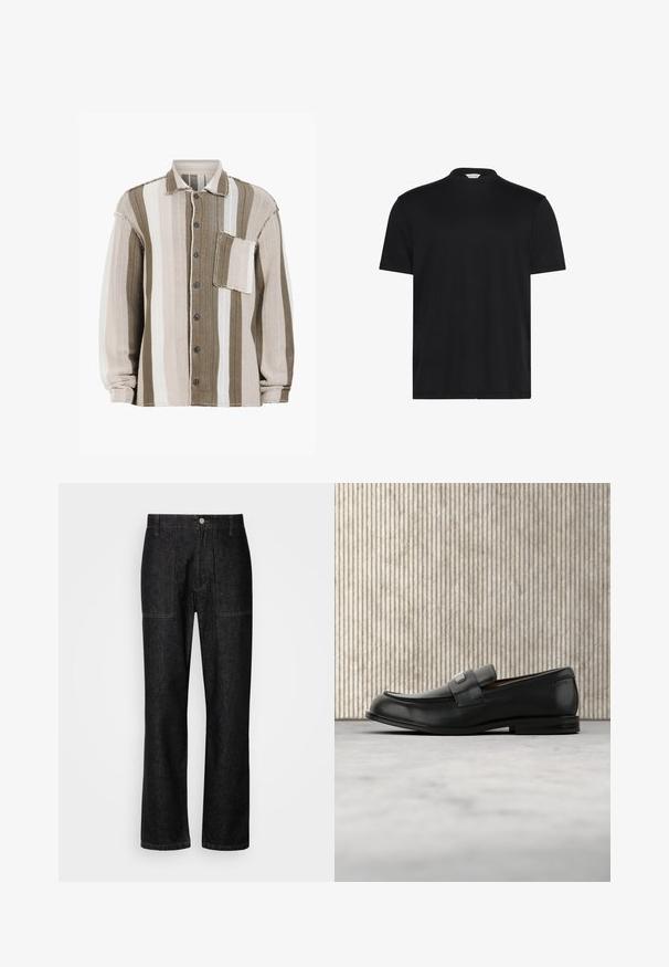 Gestreiftes Hemd mit braunen, cremefarbenen und weißen Farbtönen, strukturiertem Stoff, Kragen, vorderem Knopfverschluss und einer Brusttasche.; Schwarzes T-Shirt mit kurzem, hohem Kragen. Aus weichem Stoff gefertigt, verfügt es über kurze Ärmel und eine lässige Passform ohne auffällige Muster oder Akzente.; Schwarze Jeans mit geradem Bein, sichtbaren Nähten und einem Frontknopfverschluss. Enthält zwei Seitentaschen und zwei Gesäßtaschen.; Schwarzer Lederloafer mit einer Metallmarkenplatte, der nahe einem braunen runden Tisch auf beigem Teppichboden ruht.