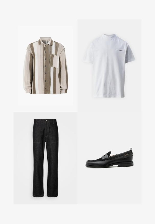 Gestreiftes Hemd mit braunen, cremefarbenen und weißen Farbtönen, strukturiertem Stoff, Kragen, vorderem Knopfverschluss und einer Brusttasche.; Weißes Baumwoll-T-Shirt mit hohem Ausschnitt und kurzen Ärmeln. Mit schwarzem "SAMSØE SAMSØE" Logo auf der Vorderseite. Glatte Textur.; Schwarze Jeans mit geradem Bein, sichtbaren Nähten und einem Frontknopfverschluss. Enthält zwei Seitentaschen und zwei Gesäßtaschen.; Schwarzer Lederloafer mit grauem Riemendetail, niedrigem Absatz und strukturierter Sohle, seitlich mit „HUGO“ in Gold gebrandmarkt.