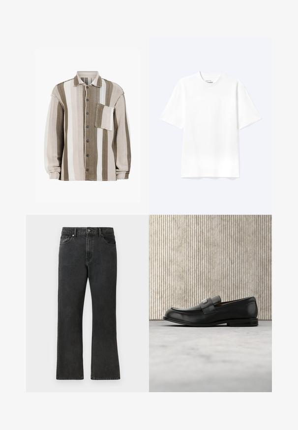 Gestreiftes Hemd mit braunen, cremefarbenen und weißen Farbtönen, strukturiertem Stoff, Kragen, vorderem Knopfverschluss und einer Brusttasche.; Schlichtes weißes T-Shirt mit kurzen Ärmeln und Rundhalsausschnitt in entspannter Passform, auf hellem Hintergrund dargestellt.; Schwarze Denim-Jeans mit geradem Bein, mittlerer Bundhöhe, fünf Taschen und Knopfverschluss. Dezente, ausgeblichene Textur über das gesamte Material.; Schwarzer Lederloafer mit einer Metallmarkenplatte, der nahe einem braunen runden Tisch auf beigem Teppichboden ruht.