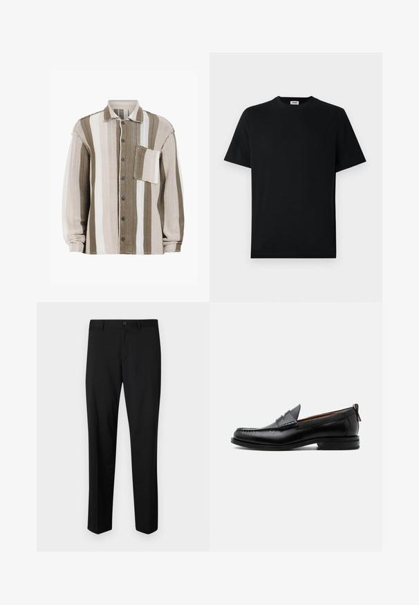 Gestreiftes Hemd mit braunen, cremefarbenen und weißen Farbtönen, strukturiertem Stoff, Kragen, vorderem Knopfverschluss und einer Brusttasche.; Schwarzes T-Shirt mit kurzem Arm und Rundhalsausschnitt, flach auf einem weißen Hintergrund liegend, mit einem kleinen Markenlabel im Kragen.; Schwarze maßgeschneiderte Hose mit flachem Frontschnitt, normaler Taille und geraden Beinen. Hergestellt aus glattem Material, mit einem einzelnen Knopfverschluss.; Schwarzer Leder-Herrenschuh mit Mokassinnaht, Penny-Riemen, strukturiertem Kragen und niedrigem gestapeltem Absatz auf weißem Hintergrund.