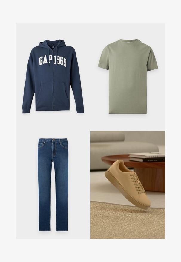 Sweat à capuche bleu marine zippé avec poches avant, capuche avec cordons et texte blanc "GAP 1969" sur la poitrine.; T-shirt à manches courtes col rond en vert olive doux sans motifs, affiché à plat sur un fond clair uni.; Jean denim bleu foncé droit avec cinq poches, fermeture par bouton et surpiqûres contrastantes.; Baskets beiges à lacets flottant au-dessus d'un tapis texturé avec une table basse en bois et des livres empilés en arrière-plan flou.