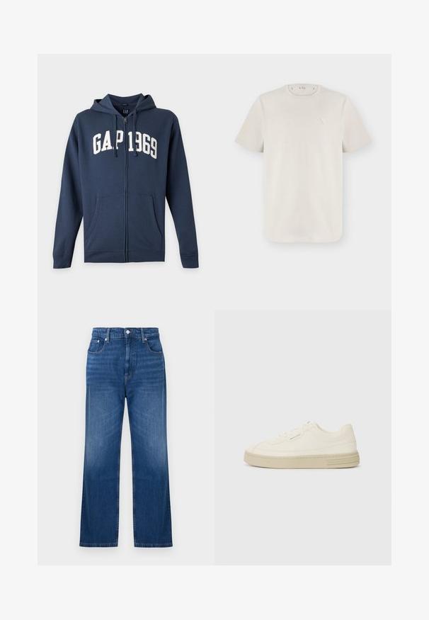 Sweat à capuche bleu marine zippé avec poches avant, capuche avec cordons et texte blanc "GAP 1969" sur la poitrine.; T-shirt beige clair à manches courtes et col rond avec un petit logo triangulaire sur le côté gauche de la poitrine.; Jean en denim bleu taille haute avec une coupe droite et un design classique à cinq poches, sur fond blanc uni.; Baskets en toile blanches avec une semelle en caoutchouc texturée, présentant un capuchon de chaussure cousu et un accent de logo sur le talon. Design simple à lacets.