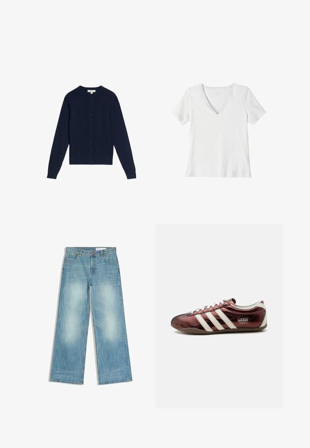 Mørkeblå cardigan lavet af blødt stof, med rund halsudskæring, lange ærmer og knappelukning foran med matchende knapper.; Hvid kortærmet V-hals t-shirt lavet af blødt stof, med en glat tekstur og et rent design uden synlige mønstre eller detaljer.; Lyseblå bredbenede denimjeans med forlommer, bæltestropper og knaplukning, der viser diskret falming på lårene.; Lavprofileret metallisk burgundy Adidas sneaker med hvide striber, snørebånd og "Adidas Tokyo" mærkning på siden.