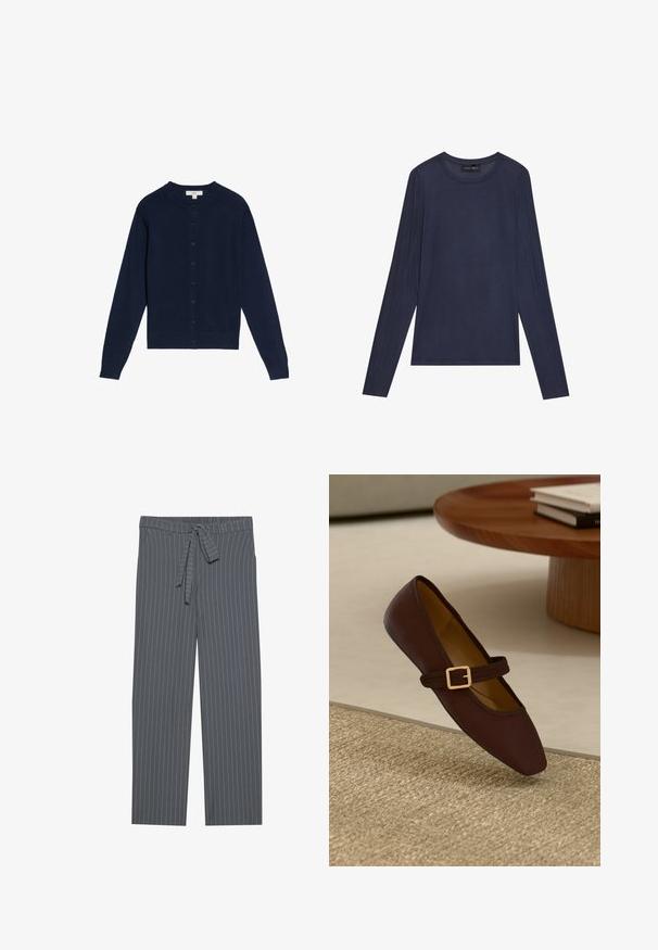Mørkeblå cardigan lavet af blødt stof, med rund halsudskæring, lange ærmer og knappelukning foran med matchende knapper.; Marineblå langærmet top lavet af glat, let materiale. Har en rund halsudskæring og syninger langs ærmerne og siderne.; Grå stribede bukser med elastisk talje, bindebånd og løs pasform. Lavet af et glat stof, de har lodrette striber.; Brune læder flad sko med spids tå og en dekorativ rem med en guldbuckle. Varm beige vævet teksturbaggrund.