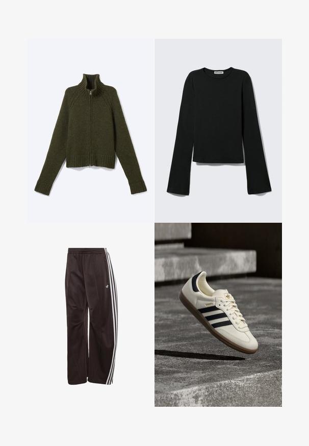 Pull zippé en maille vert foncé avec manches longues et col haut côtelé, posé à plat sur fond blanc.; T-shirt noir à manches longues avec col rond, silhouette ajustée et manches légèrement évasées, étiqueté avec la marque "Weekday" au niveau de l'encolure.; Pantalon de survêtement Adidas noir avec trois bandes blanches sur les côtés, taille élastique, poche latérale zippée et logo Adidas sur la jambe gauche.; Baskets blanches Adidas Samba avec des bandes noires et une semelle en gomme, flottant au-dessus de marches en béton gris texturé.