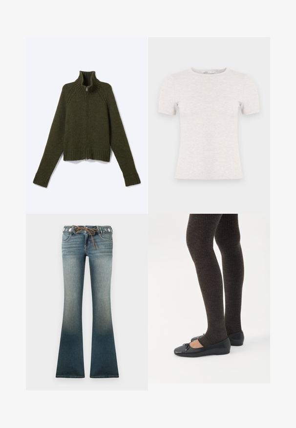 Pull zippé en maille vert foncé avec manches longues et col haut côtelé, posé à plat sur fond blanc.; T-shirt gris clair à manches courtes en tissu côtelé avec un col rond. Design simple, texture lisse, sans motifs ni accents visibles.; Jean en denim évasé dégradé du bleu clair au bleu foncé, avec une ceinture brodée et un cordon brun pour plus de détails.; Jambes portant des leggings côtelés foncés associés à des ballerines noires avec de petits détails en nœud sur fond blanc.