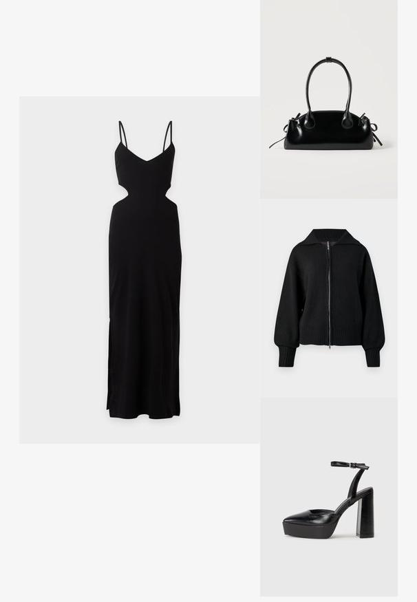 Veste zippée noire en maille avec un large col, des poignets côtelés et un ourlet côtelé.; Robe longue noire sans manches avec fines bretelles et découpes sur les côtés à la taille, présentée sur un fond uni.; Escarpins noirs à plateforme avec un bout pointu et une sangle réglable à la cheville. Conçus en cuir lisse, avec un large talon bloc.; Petit sac à main noir brillant avec deux longues anses et des détails à cordon sur les côtés sur un fond clair uni.