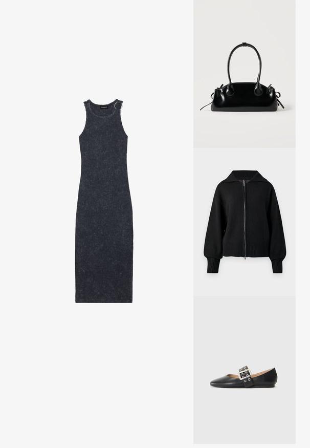 Zwarte gebreide zip-up jas met brede kraag, geribbelde manchetten en geribbelde zoom.; Donkergrijze, geribbelde maxi-jurk met een ronde halslijn en een zilveren ringaccent op de schouder. Gestructureerde stof met een aansluitende pasvorm.; Zwarte platte leren schoen met spits toelopende neus en een decoratieve gespsluiting met zilverkleurige metalen details en kleine uitsparingen.; Kleine zwarte glanzende handtas met twee lange hengsels en zijkant trekkoord details op een effen lichte achtergrond.