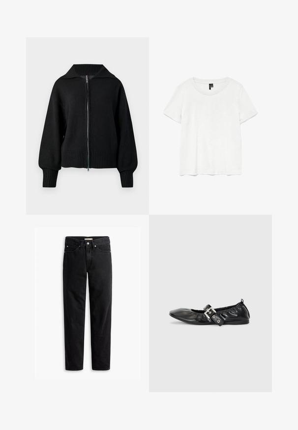 Zwarte gebreide zip-up jas met brede kraag, geribbelde manchetten en geribbelde zoom.; Witte t-shirt met korte mouwen en een ronde hals, gemaakt van lichte stof. Eenvoudig ontwerp, gladde textuur en rechte zoom.; Zwarte straight-leg jeans met knoop- en ritssluiting, riemlussen en voor- en achterzakken, plat gelegd op een witte achtergrond.; Zwarte leren platte schoen met een spitse neus, geplooide details rond de opening en een zilveren gespaccentueerde verstelbare band.