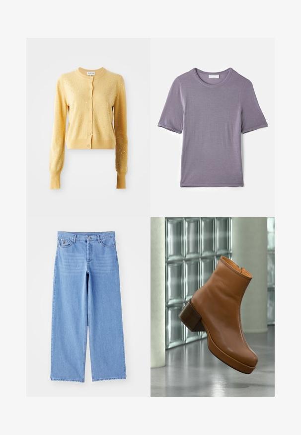 Yellow cardigan with long sleeves, featuring a round neckline, button closure, and embellished with small silver studs across the fabric.; Purple short-sleeve t-shirt made of soft fabric, featuring a round neck and a straight hem, with a smooth texture and no visible patterns.; Light blue wide-leg jeans made of denim, featuring a classic five-pocket design and a button-fly closure. Smooth texture, frayed hem.; Brown leather ankle boot with block heel, floating indoors near glass block wall and cylindrical column on polished floor.