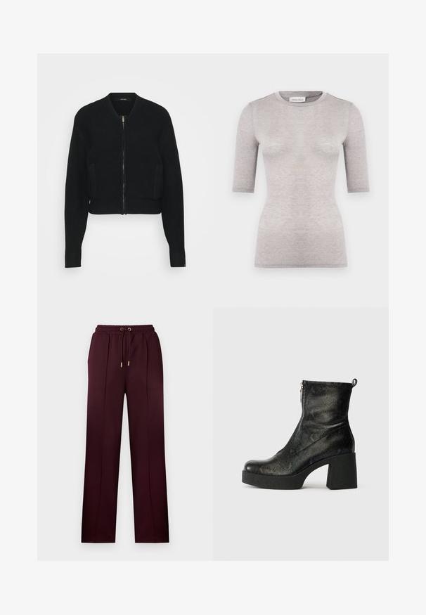 Veste bomber noire courte en tissu texturé avec une fermeture éclair à l'avant, des poignets côtelés et deux poches latérales.; T-shirt gris clair ajusté avec un col rond, des manches courtes et une texture lisse. Fabriqué en tissu doux et léger avec des coutures minimales.; Pantalon bordeaux en tissu lisse, doté d'une taille à cordon, de plis et d'une coupe décontractée avec des jambes droites. Détails métalliques dorés.; Bottines noires avec un extérieur texturé, semblable à celui des reptiles. Dotées d'un talon épais et d'une fermeture à glissière latérale. Boucle de tirage réglable à l'arrière.