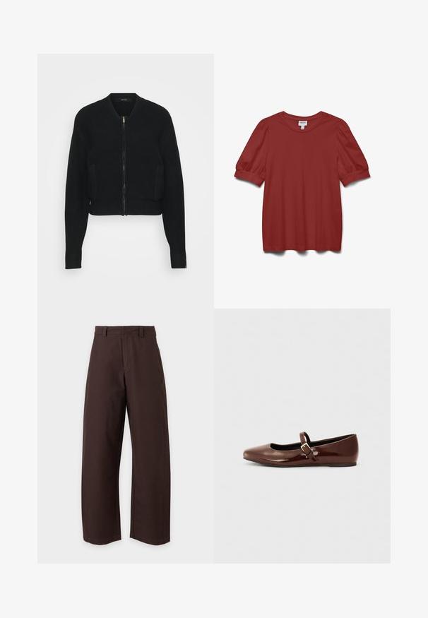 Veste bomber noire courte en tissu texturé avec une fermeture éclair à l'avant, des poignets côtelés et deux poches latérales.; Blouse rouge rouille à manches courtes bouffantes, col rond et détail de poignet ajusté.; Pantalon marron à jambe droite avec passants de ceinture et fermeture devant, présenté sur fond blanc uni.; Ballerine en cuir verni marron avec un bout carré et une lanière ornée d'une petite boucle dorée. Texture lisse, talon bas et design minimaliste.