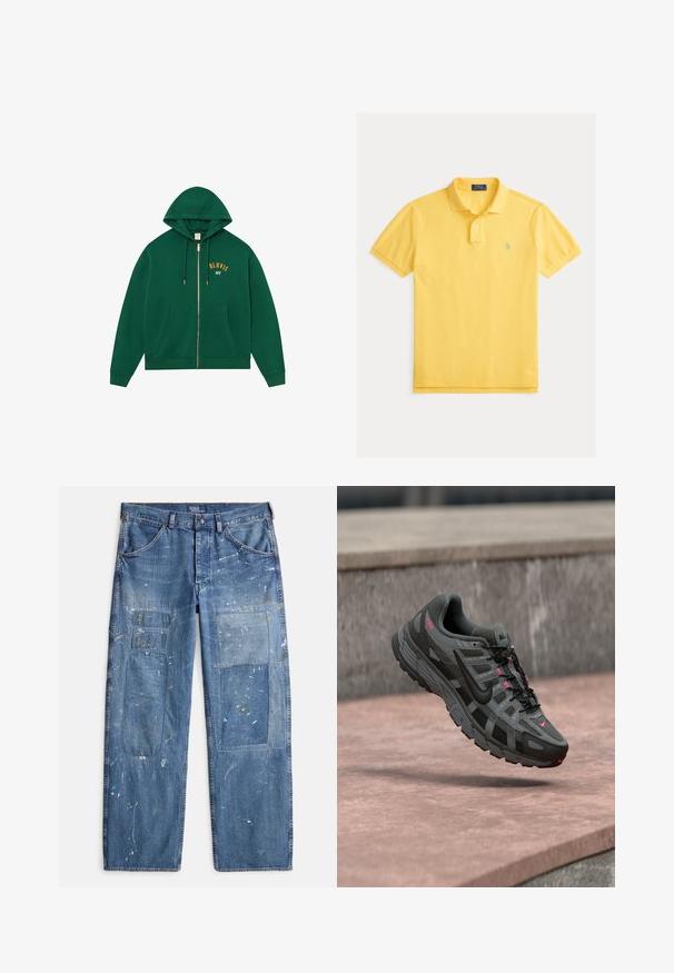 Groene hoodie met rits en een kangoeroezak, capuchon met trekkoord en gouden "BLKVIS NY"-letters op de borst. Zachte stof met geribde manchetten.; Geel poloshirt van katoen, met een twee-knopenbies, korte mouwen en een klein blauw geborduurd logo op de linkerborst.; Verbleekte blauwe spijkerbroek met een losse pasvorm, voorzien van meerdere patchworkdetails en verfspatten over de stof. Voorzien van steekzakken aan de voorkant.; Grijze en zwarte Nike-sneaker met roze accenten zwevend in de lucht boven een stenen oppervlak, met zicht op de zijkant en bovenkant.
