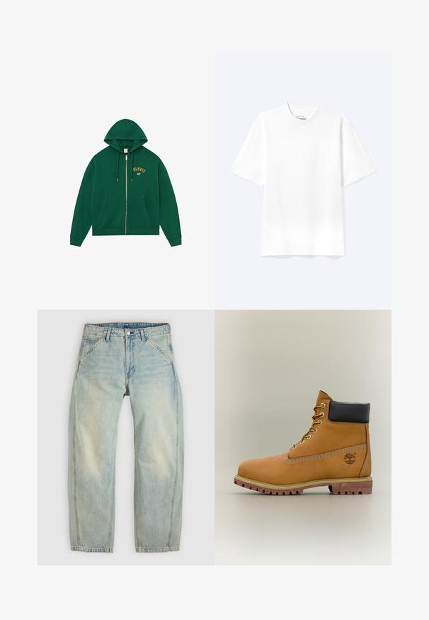 Groene hoodie met rits en een kangoeroezak, capuchon met trekkoord en gouden "BLKVIS NY"-letters op de borst. Zachte stof met geribde manchetten.; Effen witte T-shirt met korte mouwen en ronde hals, met een losse pasvorm, weergegeven op een lichte achtergrond.; Lichtblauwe jeans met wijde pijpen, gemaakt van denim. Heeft vijf zakken, een knoopsluiting en vervaagde plekken voor een versleten uitstraling.; Bruine leren enkellaars met zwarte kraag, gele veters en een zandkleurige zool. Voorzien van een logo en witte stikseldetails. Robuuste loopzool met grip.