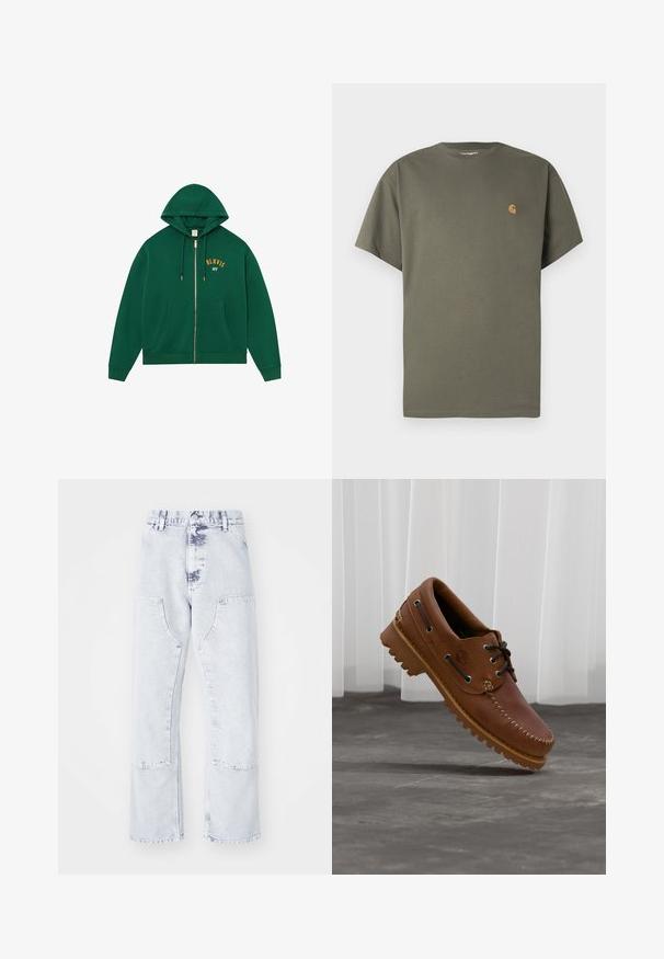 Grüner Kapuzenpullover mit Reißverschluss, Kängurutasche, verstellbarer Kapuze und goldfarbener Aufschrift "BLKVIS NY" auf der Brust. Weicher Stoff mit gerippten Bündchen.; Olivgrünes T-Shirt mit Rundhalsausschnitt, kurzen Ärmeln, aus Baumwolle, mit kleinem orangefarbenem Logo auf der linken Brustseite.; Hellblaue Denim-Jeans im Straight-Leg-Schnitt mit aufgesetzten Taschen, hoher Taille und einem verwaschenen Finish. Mit tonalem Nähen und einem lässigen Schnitt.; Brauner Leder-Bootsschuh mit schwarzen Schnürsenkeln, beigen Nähten und einer robusten Sohle, schwebt über einem grauen Betonboden.