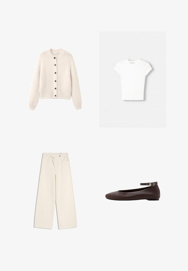 Cardigan en tricot de couleur crème avec un col rond, un tissu texturé, des manches longues et six boutons noirs sur le devant. Ourlet côtelé.; T-shirt blanc à manches courtes en coton doux, avec un col rond et une coupe ajustée. Pas de motifs ni d'ornements visibles.; Pantalon large couleur écru avec poches avant, passants pour ceinture, et boutons argentés sur la ceinture et les bords des poches.; Chaussure plate marron foncé avec bout arrondi et bride de cheville réglable avec boucle argentée sur fond blanc.
