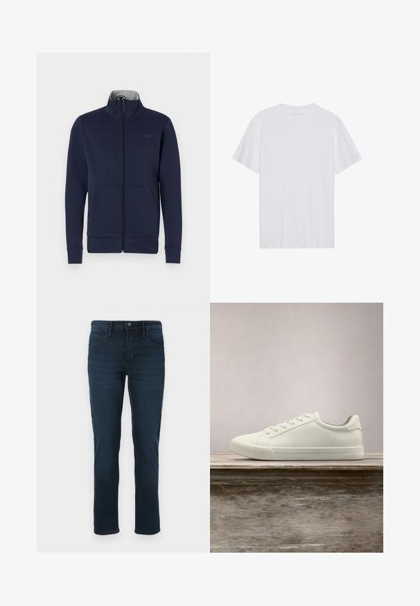 Marineblå zip-jakke i blødt stof med ståkrave, to frontlommer og ribbet mansjetter og nederkant. Diskret logo-detalje på brystet.; Hvid bomulds T-shirt med korte ærmer, rund hals og en glat tekstur. Har minimal branding på halsudskæringen.; Mørkeblå denimjeans med lige ben, der har fem lommer, knaplukning og diskret slidfornemmelse på forsiden.; Hvide snørresneakers svævende over en træbænk med grønne planter i baggrunden, der fremhæver skodesign og tekstur.