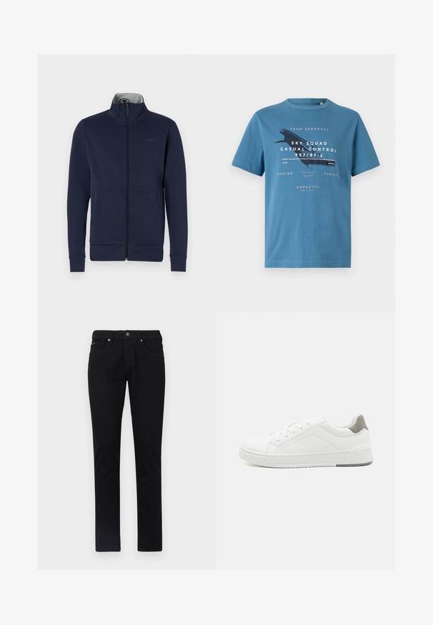 Marineblauwe ritsjack van zacht materiaal, met een staande kraag, twee voorzakken en geribde boorden en zoom. Subtiele logo-details op de borst.; Blauwe katoenen t-shirt met korte mouwen, met grafische tekst en een vliegtuigontwerp aan de voorkant. Ronde hals en reguliere pasvorm.; Zwarte denimbroek, recht gesneden ontwerp, met vijf-pocket styling, een sluiting met knoop aan de voorkant en een gladde, uniforme textuur.; Witte sneaker van glad leer met een ronde neus, minimalistisch ontwerp, grijze hielaccent en een geplaatste rubberen zool.