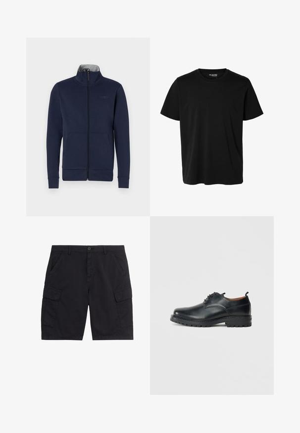 Marineblå zip-jakke i blødt stof med ståkrave, to frontlommer og ribbet mansjetter og nederkant. Diskret logo-detalje på brystet.; Ensfarvet sort t-shirt med korte ærmer og rund hals, herrepasform, uden synlige mønstre eller logoer foran.; Sorte cargoshorts med frontknap og lynlås, to sidelommer, to klaplommer og bæltestropper.; Sorte læder derby-sko med en glat overflade, rund tå, snøre-design og en tyk, robust gummisål.