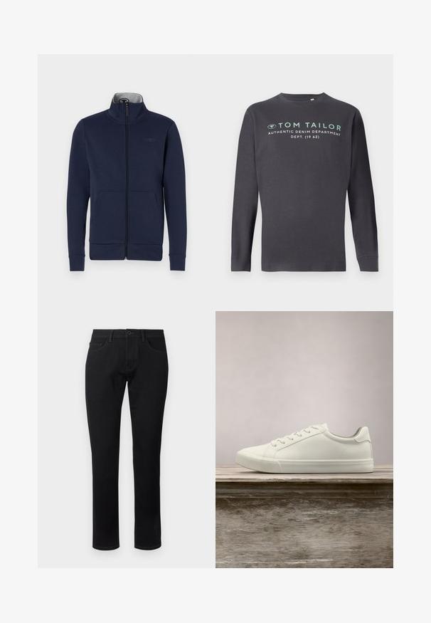Marineblå zip-jakke i blødt stof med ståkrave, to frontlommer og ribbet mansjetter og nederkant. Diskret logo-detalje på brystet.; TOM TAILOR PRINTED - Langærmet T-shirt - tarmac grey; TOM TAILOR TTJOSH REGULAR SLIM FIT - Jeans Tapered Fit - black denim; Hvide snørresneakers svævende over en træbænk med grønne planter i baggrunden, der fremhæver skodesign og tekstur.