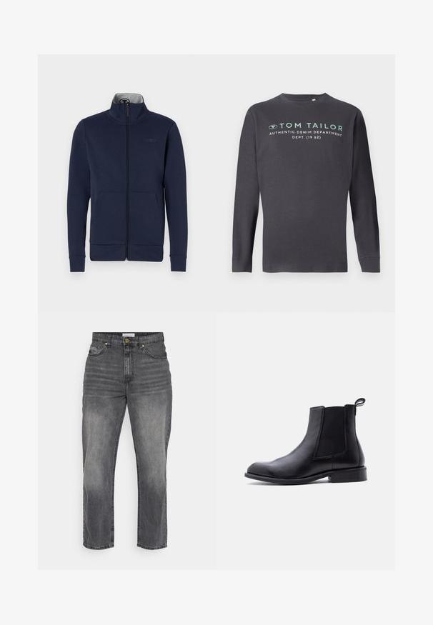 Marineblå zip-jakke i blødt stof med ståkrave, to frontlommer og ribbet mansjetter og nederkant. Diskret logo-detalje på brystet.; TOM TAILOR PRINTED - Langærmet T-shirt - tarmac grey; Grå denim jeans med lige snitdesign, der har en falmet finish, forlommer og knaplukning. Enkle syninger og kantdetaljer.; Sort læder Chelsea-støvle med elastisk sidepanel, trækflig ved hælen, lav blokhæl og glat, rundet tå på hvid baggrund.