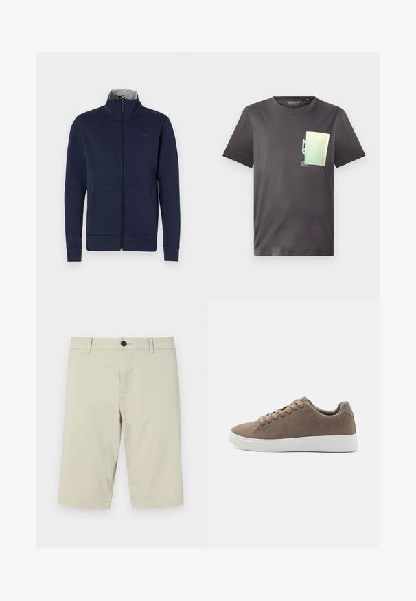 Marineblå zip-jakke i blødt stof med ståkrave, to frontlommer og ribbet mansjetter og nederkant. Diskret logo-detalje på brystet.; Grå bomulds T-shirt med rund hals, med et minimalistisk grønt og blåt grafisk print på venstre brystområde. Korte ærmer.; Beige shorts lavet af let bomuldsblanding, med flad front, bæltesløjfer, knaplukning og knælang kant.; Brune ruskinds sneakers med flade hvide gummisåler, snørelukning, rund tå og en glat overflade. Minimalistisk stil med diskrete syninger.