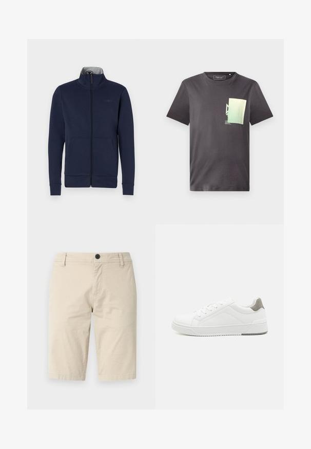 Marineblå zip-jakke i blødt stof med ståkrave, to frontlommer og ribbet mansjetter og nederkant. Diskret logo-detalje på brystet.; Grå bomulds T-shirt med rund hals, med et minimalistisk grønt og blåt grafisk print på venstre brystområde. Korte ærmer.; Beige shorts lavet af let væv, med en flad front, en enkelt knaplukning og to sidelommer; glat tekstur.; Hvid sneaker lavet af glat læder, rund tå, minimalistisk design, grå hælafsats og tekstureret gummisål.