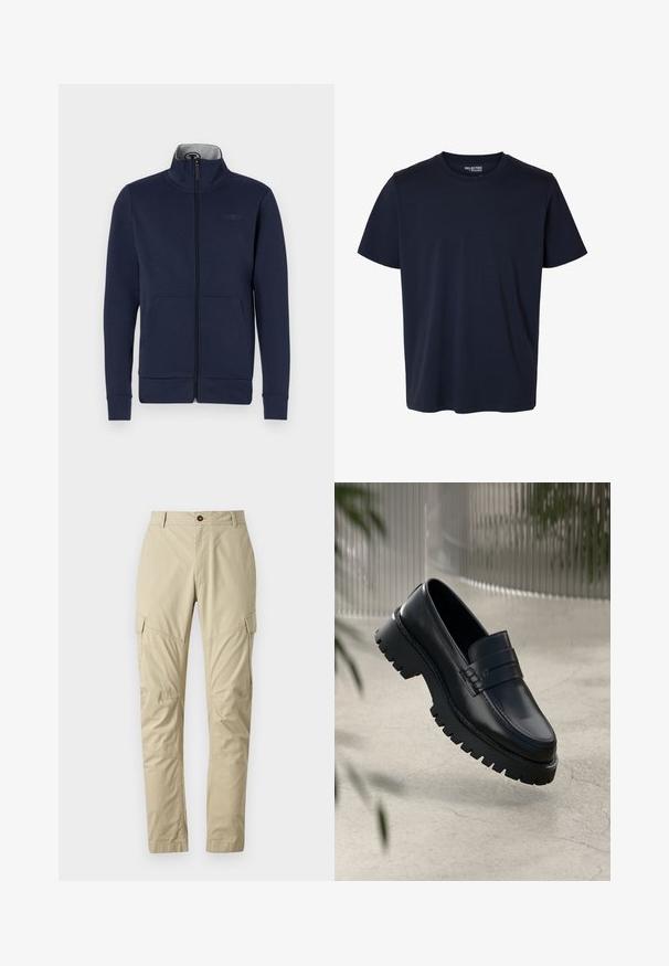 Marineblå zip-jakke i blødt stof med ståkrave, to frontlommer og ribbet mansjetter og nederkant. Diskret logo-detalje på brystet.; Simpel marineblå t-shirt med korte ærmer og rund halsudskæring med en lille trykt mærkelabel inde i kraven.; Beige cargo bukser lavet af letvægtsstof, med flere lommer, en knaplukning og et tapered ben design. Glat tekstur.; Sorte læder loafers med en chunky sål, der har en dekorativ rem og syninger. Glat tekstur med en poleret overflade.