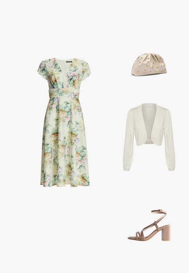 Gilet court de couleur crème avec des manches longues, design ouvert à l'avant et accents côtelés aux poignets et à l'ourlet. Texture en tricot douce.; Robe midi fleurie avec manches courtes, col en V, taille cintrée et fleurs pastel dans des tons verts, roses, violets et beiges sur fond crème.; Sandale à talon haut beige avec un talon bloc épais, un design à lanières, une boucle à la cheville, et une finition lisse et brillante sur le matériau supérieur.; Pochette souple beige avec un haut froncé et des clous métalliques dorés uniformément espacés sur la surface, posée sur un fond blanc.