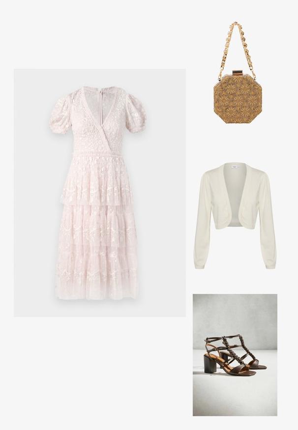 Cremefarvet cropped cardigan med lange ærmer, åben frontdesign og ribbede detaljer ved ærmekanterne og kanten. Blød strikket tekstur.; Lyserød, lagdelt kjole med pufærmer, V-udskæring og intrikate blomsterbroderier. Lavet af et struktureret, let materiale. Lynlås bagpå.; Brune læder høje hæle sandaler med flettet T-rem, åben tå, ankel remme med spænde og blok hæle på en lys grå overflade.; Guld ottekantet aftenkobling med indviklet solstrålemønster i perlearbejde og en kraftig guldkædehåndtag pyntet med store runde krystaller.