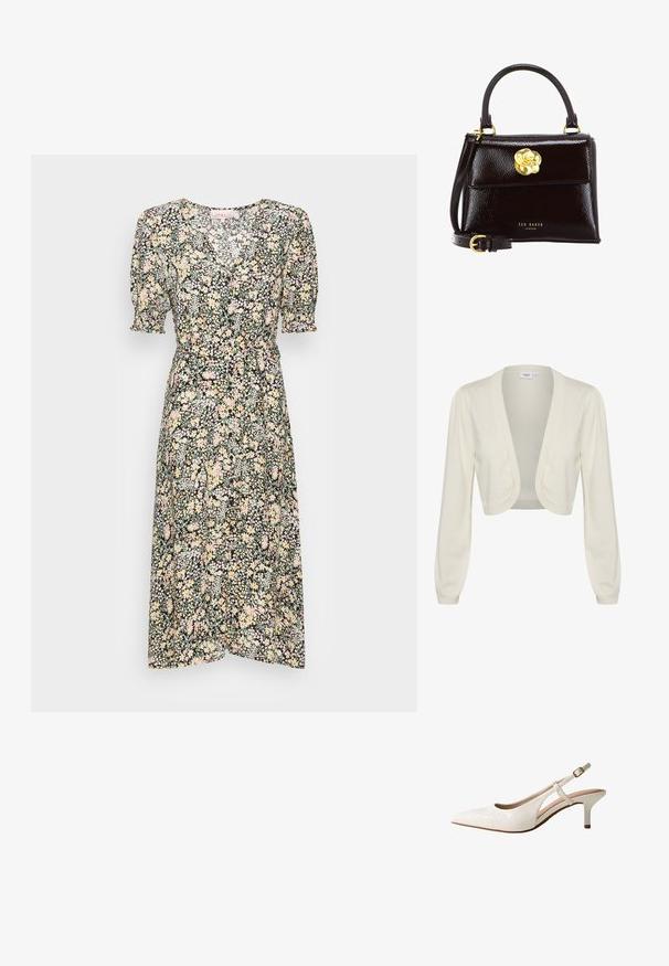 Cremefarvet cropped cardigan med lange ærmer, åben frontdesign og ribbede detaljer ved ærmekanterne og kanten. Blød strikket tekstur.; ONLY ONLFREDERIKKE V NECK BELT DRESS - Skjortekjole - cloud dancer/yellow mix; Hvid slingback kitten heel med spids tå og tekstureret krokodillemønster, udstyret med en justerbar spænde-rem.; Sort laklæderhåndtaske med struktureret design, der har et buet håndtag, aftagelig rem og en guldfarvet blomsterlåsdetalje.