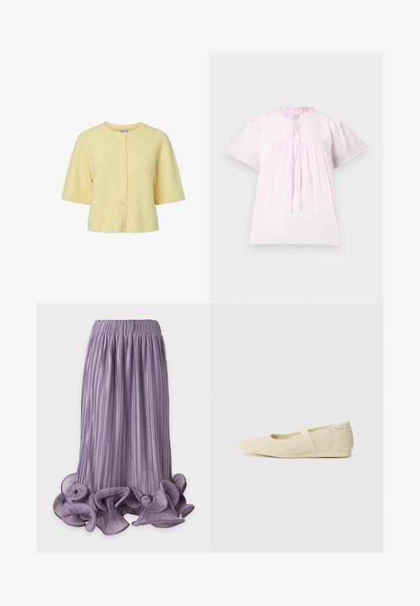 Cardigan jaune à manches courtes avec texture côtelée, encolure ronde et fermeture à boutons sur le devant. Tissu doux avec une coupe décontractée.; Blouse rose clair à manches courtes avec un col froncé, en tissu texturé et avec des détails froncés. Elle dispose d'une fermeture à lien au cou.; Jupe midi plissée lavande avec ourlet volanté et bouclé et taille élastique sur fond uni.; Ballerines beiges avec une exterior en cuir lisse, un bout en forme d'amande et une sangle élastique sur le coup de pied, avec des détails de couture subtils.