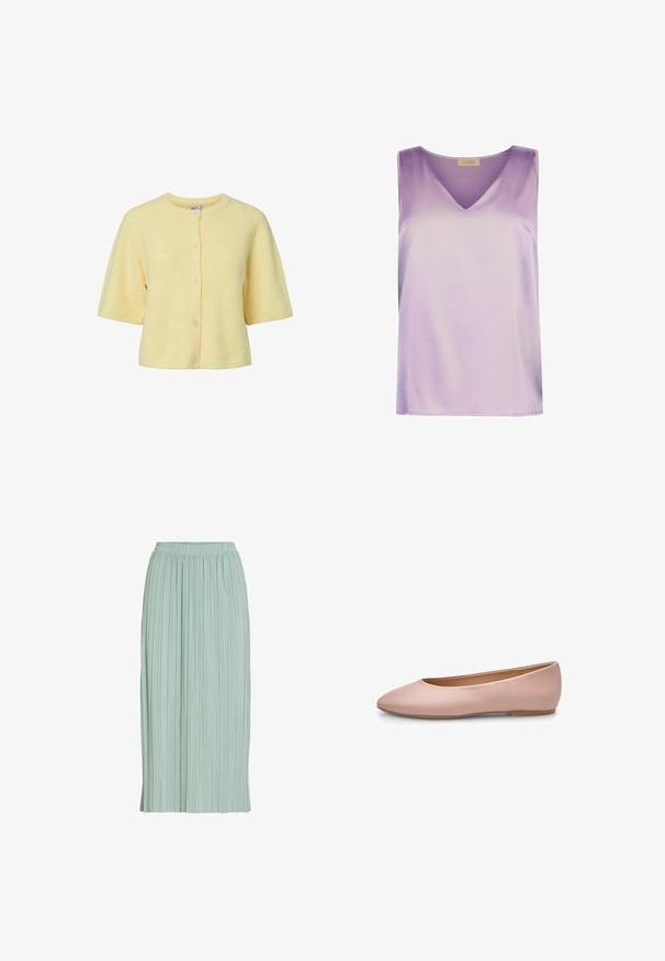 Kortærmet gul cardigan med ribbet struktur, rund halsudskæring og knapper foran. Blødt stof med løs pasform.; Ærmeløs lavendel satin top med V-halsudskæring og lige kant, fra Falconeri Beta-kollektionen.; Lysegrøn plisseret midinederdel med elastisk talje, lige pasform og let stof.; Lyserød ballerina i læder med spids tå, glat tekstur, få detaljer og en solid lys brun sål. Enkelt design uden pynt.