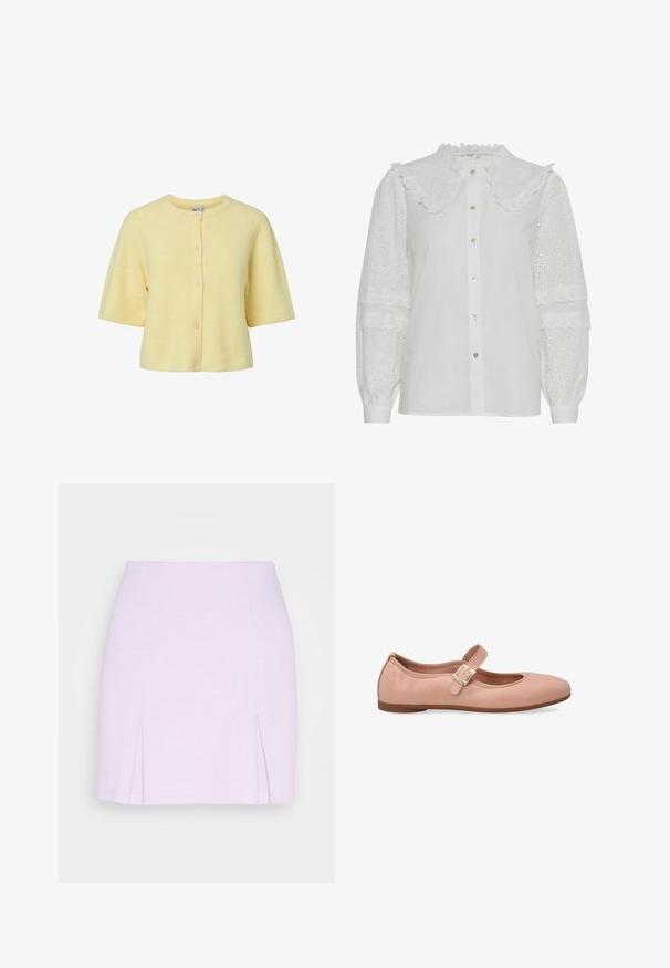 Cardigan jaune à manches courtes avec texture côtelée, encolure ronde et fermeture à boutons sur le devant. Tissu doux avec une coupe décontractée.; Blouse blanche avec un col volanté, fermeture à boutons et détails en broderie sur les manches bouffantes. Présente un éclat subtil et une texture douce.; Even&Odd Minijupe - lilac; Ballerines en cuir rose avec un bout rond et une seule sangle réglable au-dessus de l'arche. Semelle plate en caoutchouc. Texture lisse.