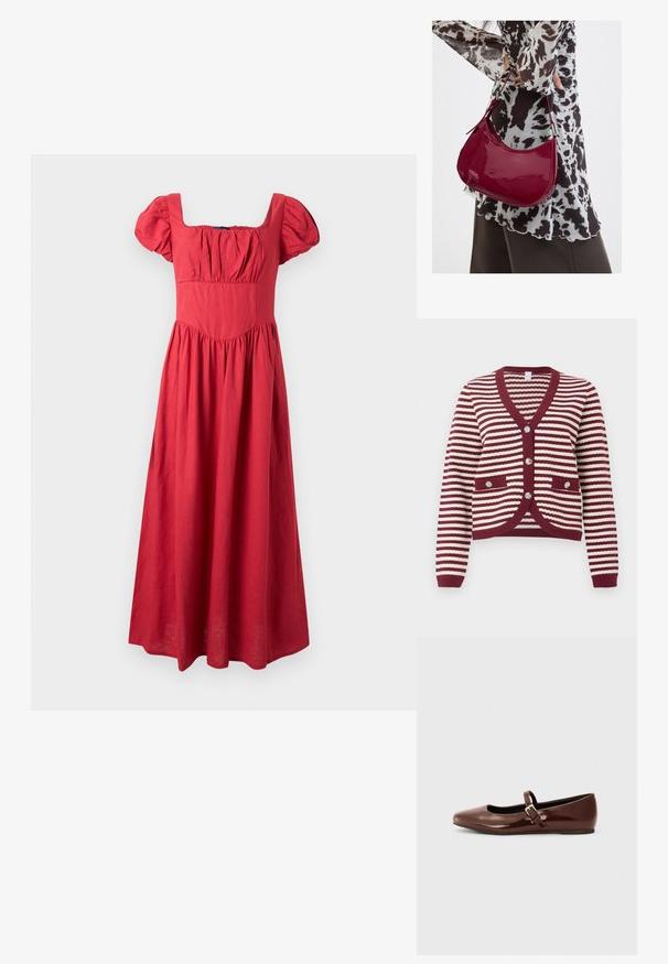 Burgunder- und weiß gestreifter Cardigan mit langen Ärmeln, V-Ausschnitt, gerippten Kanten, vorderen Taschen und vier dekorativen Knöpfen.; Rotes, bodenlanges Kleid mit gepufften kurzen Ärmeln, quadratischem Ausschnitt, tailliertem Oberteil und gerafftem Rock.; Braune Lackleder-Ballerinas mit quadratischer Zehenform und Riemen mit einer kleinen goldenen Schnalle. Glatte Textur, niedriger Absatz und minimalistisches Design.; Frau trägt eine schwarz-weiß gemusterte Bluse und hält eine glänzende rote Schultertasche vor einem einfarbigen Hintergrund.