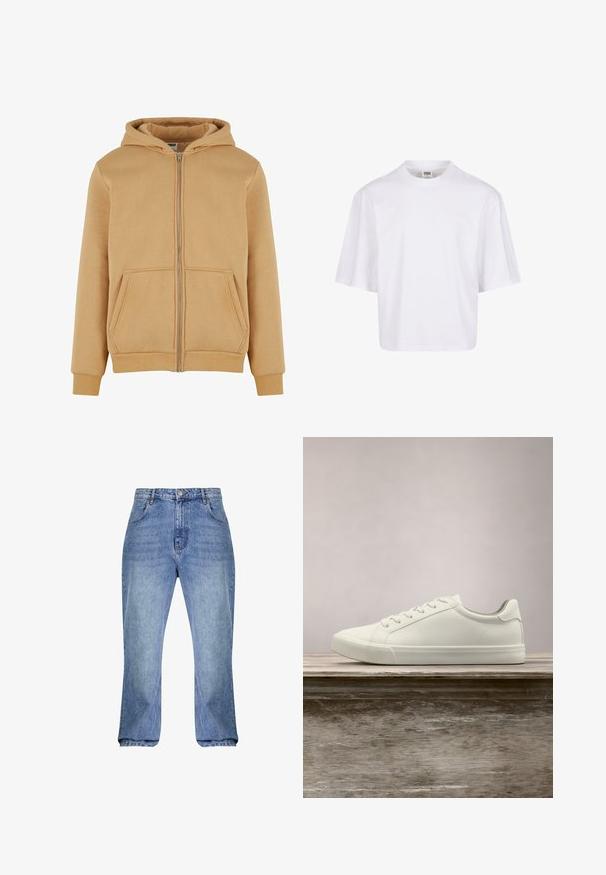 Beige zip-up hoodie gemaakt van zacht materiaal, met een frontrits, twee zijzakken, ribbelboorden en een gevoerde capuchon.; Witte, kortekorte t-shirt met een ronde hals en een ontspannen pasvorm, gemaakt van een zachte katoenmix. Geen patronen of versieringen.; Lichtblauwe denim jeans met een hoge taille, rechte snit en licht uitlopende pijpen. Bevat klassieke vijf-pocket styling en riemlussen.; Witte vetersneaker die boven een houten bank zweeft met groene bladeren op de achtergrond, waarbij het ontwerp en de textuur van de schoen worden getoond.