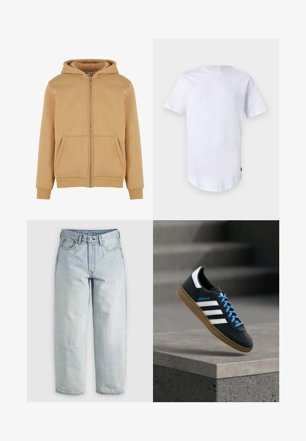 Beige zip-up hoodie gemaakt van zacht materiaal, met een frontrits, twee zijzakken, ribbelboorden en een gevoerde capuchon.; Witte katoenen t-shirt met korte mouwen. Rond de hals ontwerp met een gebogen zoom. Label zichtbaar aan de onderste linkerzijde. Gladde textuur.; Lichtblauwe denim jeans met een rechtBeen, vijf zakken en een knoopsluiting; heeft vervaagde gebieden en subtiele stikdetails.; Zwarte Adidas-sneaker met witte strepen, blauwe veters en een gumzool die boven een grijze betonnen trede zweeft in zacht licht.