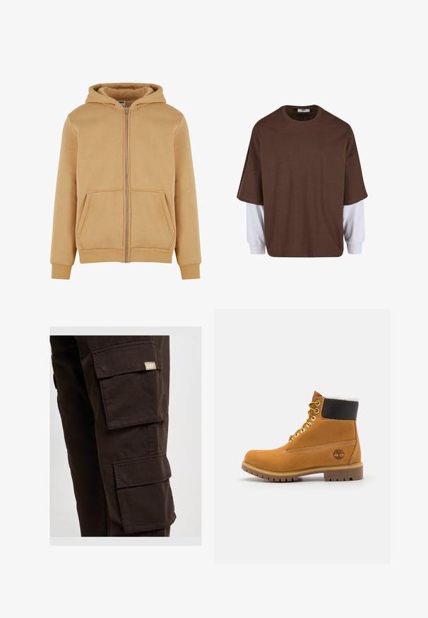 Beige Zip-Hoodie aus weichem Material, mit einem Frontreißverschluss, zwei seitlichen Taschen, gerippten Manschetten und einer gefütterten Kapuze.; Braunes, übergroßes T-Shirt mit Rundhalsausschnitt und kurzen Ärmeln, über weißen Langarmshirts getragen; aus Baumwollstoff, minimalistische Details.; Braune Cargo-Hosen mit mehreren Seitentaschen und einem Stoffetikett mit dem Logo "DEF." Hergestellt aus robustem Material mit einer glatten Textur.; Braune Leder-Ankle-Boots mit Metallösen, weißem Kunstfellfutter, schwarzem gepolstertem Kragen, robustem Sohlenprofil und geprägtem Logo an der Seite.