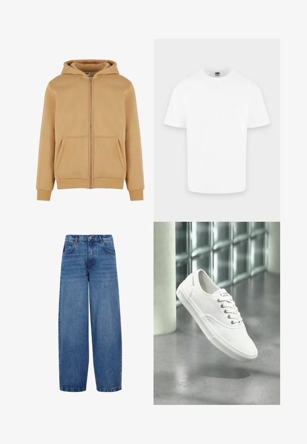 Beige Zip-Hoodie aus weichem Material, mit einem Frontreißverschluss, zwei seitlichen Taschen, gerippten Manschetten und einer gefütterten Kapuze.; Schlichtes weißes Baumwoll-T-Shirt mit kurzen Ärmeln und Rundhalsausschnitt, dargestellt auf hellem grauem Hintergrund.; Weite Jeans aus mittelblauem Denim. Merkmale sind eine hohe Taille, ein klassisches Fünf-Taschen-Design und dezente Ausbleichungen an den Beinen. Standard-Saum.; Weißer niedriger Canvas-Sneaker mit Schnürsenkeln, beschriftet mit Tommy Hilfiger, schwebt über einem glatten grauen Boden nahe einer Glasbausteinwand.